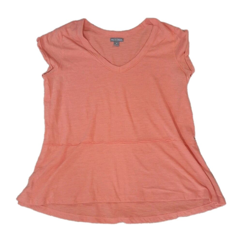 Falls Creek Women's Peach V-Neck Short Sleeve Peplum Top Size Medium Cotton Blen